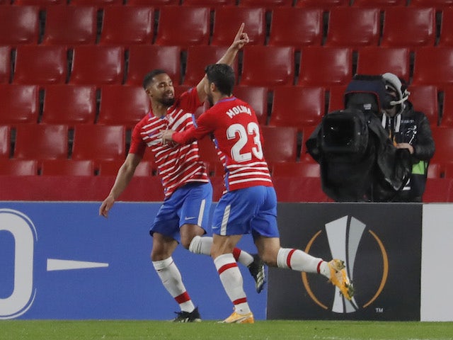 Granada's Kenedy celebrates scoring their second goal with Jorge Molina on February 18, 2021