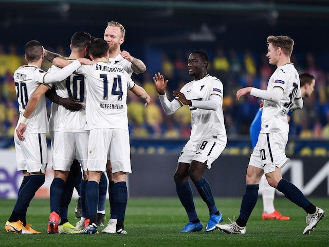 Hoffenheim's Munas Dabbur celebrates scoring their first goal with teammates in the Europa League on February 18, 2021