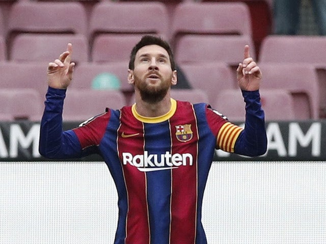 Barcelona's Lionel Messi celebrates scoring against Cadiz in La Liga on February 21, 2020