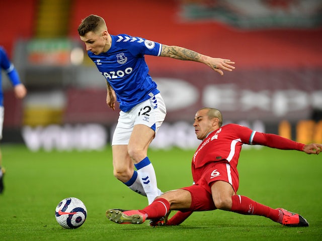 Everton's Lucas Digne in action with Liverpool's Thiago Alcantara in the Premier League on February 20, 2021
