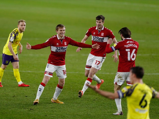 Duncan Watmore celebrates scoring for Middlesbrough against Huddersfield Town in the Championship on February 16, 2021