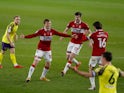 Duncan Watmore celebrates scoring for Middlesbrough against Huddersfield Town in the Championship on February 16, 2021