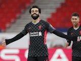 Liverpool's Mohamed Salah celebrates scoring their first goal on February 16, 2021