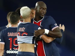 Paris Saint-Germain's Kays Ruiz-Atil celebrates with Danilo Pereira after the match in October 2020