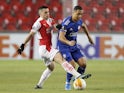 Leicester City's Youri Tielemans in action with Slavia Prague's Nicolae Stanciu in the Europa League on February 18, 2021