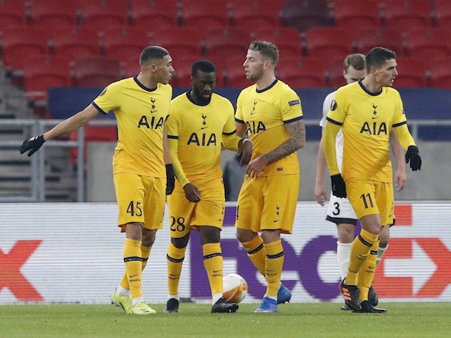 Tottenham Hotspur's Carlos Vinicius celebrates scoring their fourth goal with teammates in the Europa League on February 18, 2021