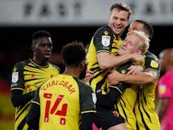 Will Hughes celebrates scoring for Watford against Derby County in the Championship on February 19, 2021