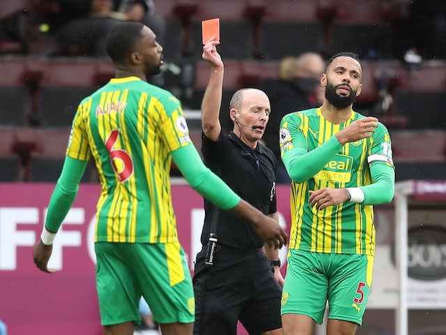 West Bromwich Albion's Semi Ajayi is shown a red card by referee Mike Dean on February 20, 2021
