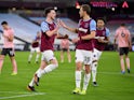 Declan Rice celebrates scoring for West Ham United against Sheffield United in the Premier League on February 15, 2021