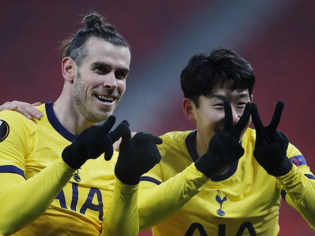 Tottenham Hotspur's Son Heung-min celebrates scoring against Wolfsberger in the Europa League on February 18, 2021