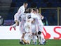 Real Madrid's Ferland Mendy celebrates scoring against Atalanta BC in the Champions League on February 24, 2021