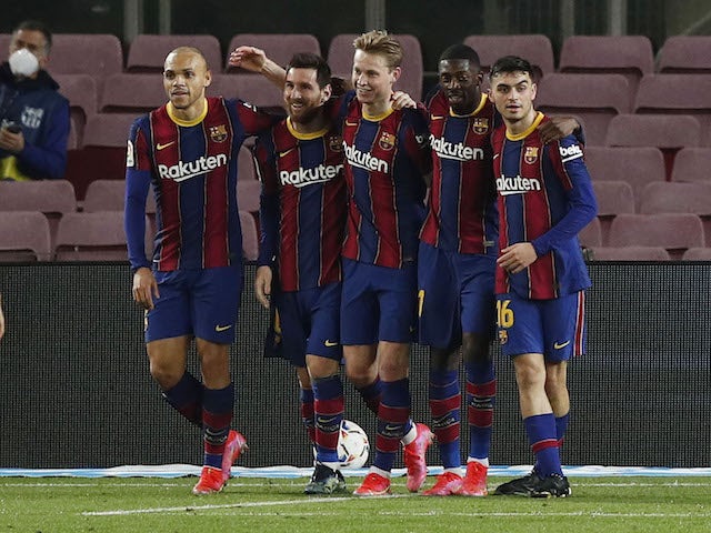 Barcelona's Lionel Messi celebrates scoring against Elche in La Liga on February 24, 2021