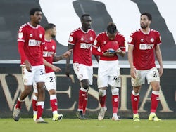 Bristol City's Kasey Palmer celebrates with team mates after scoring their second goal on February 27, 2021