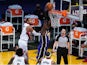 Los Angeles Lakers center Montrezl Harrell dunks the ball against Portland Trail Blazers guard Rodney Hood on February 27, 2021