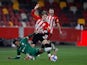 Brentford's Mathias Jensen in action with Sheffield Wednesday's Elias Kachunga in the Championship on February 24, 2021