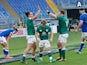 Ireland's James Lowe celebrates with teammates after scoring a try against Italy in the Six Nations on February 27, 2021