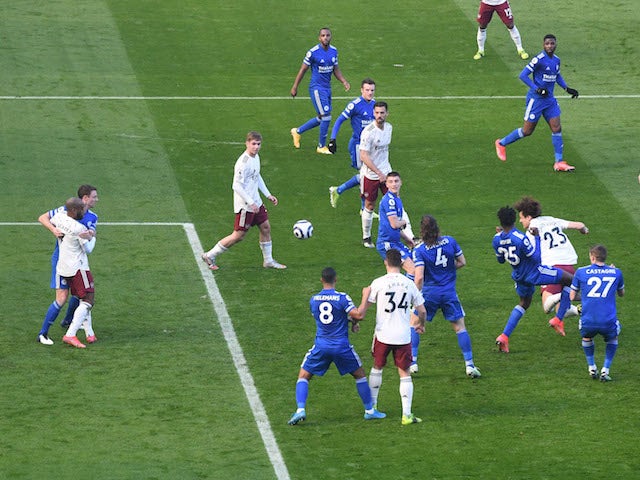 Arsenal's David Luiz scores against Leicester City in the Premier League on February 28, 2021