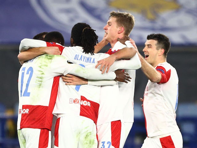 Slavia Prague's Abdallah Sima celebrates scoring against Leicester City in the Europa League on February 25, 2021