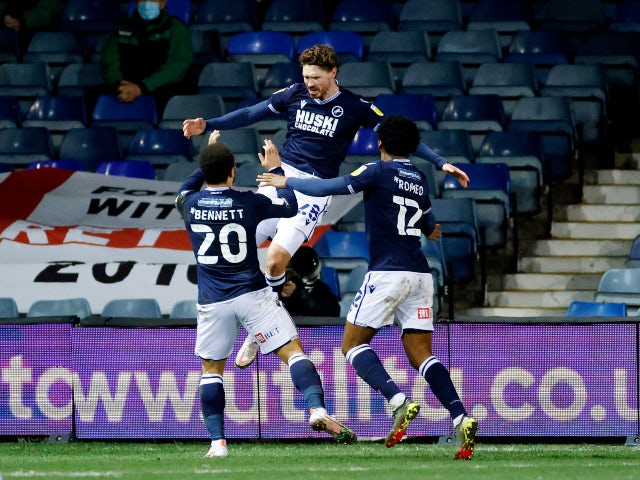 Millwall's George Evans celebrates scoring against Luton Town in the Championship on February 23, 2021