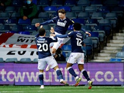 Millwall's George Evans celebrates scoring against Luton Town in the Championship on February 23, 2021