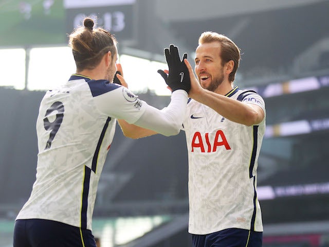 Tottenham Hotspur's Harry Kane and Gareth Bale celebrate a goal against Burnley in the Premier League on February 28, 2021