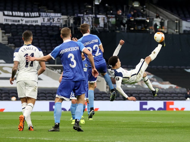 Tottenham Hotspur's Dele Alli scores against Wolfsberger in the Europa League on February 24, 2021