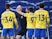 Brighton players surround Lee Mason after Lewis Dunk's goal against West Bromwich Albion is disallowed on February 27, 2021