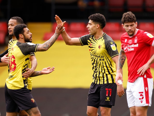Watford's Adam Masina celebrates scoring against Nottingham Forest in the Championship on March 6, 2021