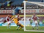Wolverhampton Wanderers' Romain Saiss misses an open goal against Aston Villa in the Premier League on March 6, 2021