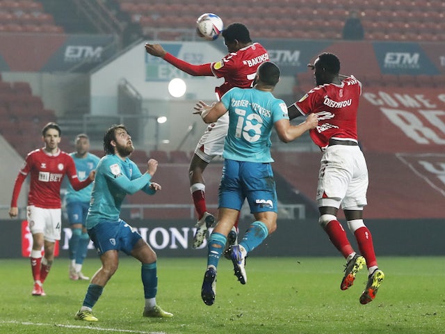 Bristol City's Tyreeq Bakinson scores against Bournemouth in the Championship on March 3, 2021