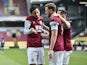 Chris Wood celebrates with teammates after scoring for Burnley against Arsenal in the Premier League on March 6, 2021