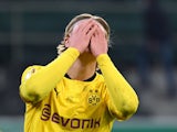Borussia Dortmund's Erling Braut Haaland plays peekaboo during the DFB-Pokal on March 2, 2021