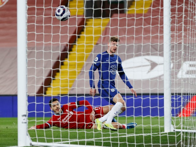 Timo Werner scores a disallowed goal for Chelsea against Liverpool in the Premier League on March 4, 2021
