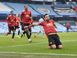 Manchester United's Bruno Fernandes celebrates scoring against Manchester City in the Premier League on March 7, 2021