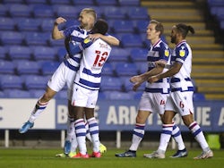 George Puscas celebrates scoring for Reading against Blackburn Rovers in the Championship on March 2, 2021