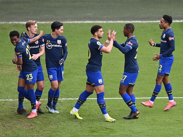Southampton's James Ward-Prowse celebrates scoring their first goal with teammates on March 6, 2021