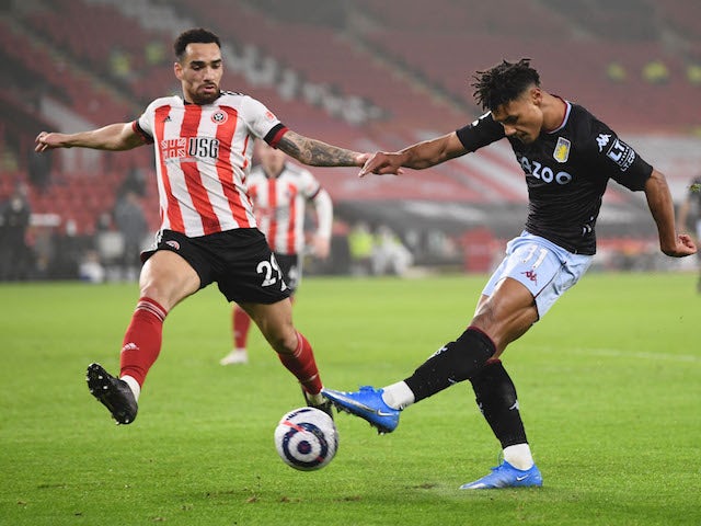Aston Villa's Ollie Watkins shoots at goal during the Premier League clash with Sheffield United on March 3, 2021