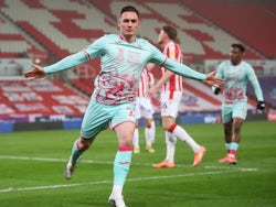 Swansea City's Connor Roberts celebrates scoring against Stoke City in the Championship on March 3, 2021