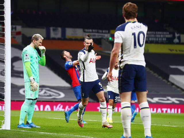Tottenham Hotspur's Gareth Bale celebrates scoring against Crystal Palace in the Premier League on March 7, 2021