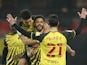Watford's Andre Gray celebrates scoring against Wycombe Wanderers in the Championship on March 3, 2021