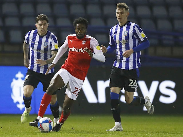 Rotherham United's Matthew Olosunde in action with Sheffield Wednesday's Liam Shaw in the Championship on March 3, 2021
