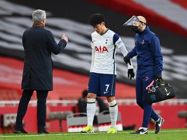 Tottenham Hotspur's Son Heung-min goes off injured against Arsenal in the Premier League on March 14, 2021