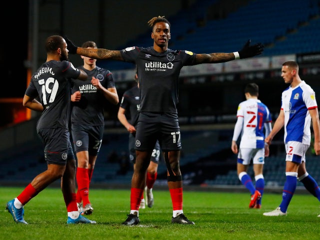 Ivan Toney celebrates scoring for Brentford against Blackburn Rovers in the Championship on March 12, 2021