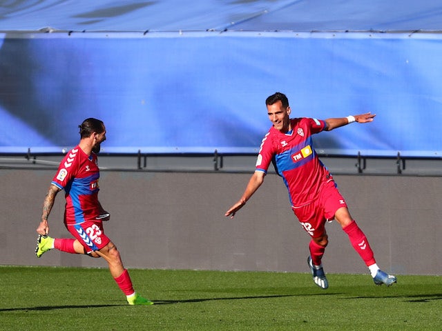 Elche's Dani Calvo celebrates scoring their first goal with Cifu on March 13, 2021