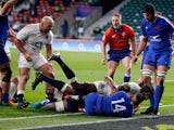 Maro Itoje scores a try for England against France in the Six Nations on March 13, 2021