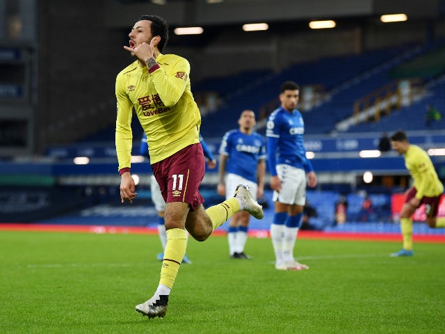 Burnley's Dwight McNeil celebrates scoring their second goal against Everton in the Premier League on March 13, 2021