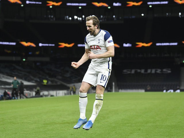 Tottenham Hotspur's Harry Kane celebrates scoring against Dinamo Zagreb in the Europa League on March 11, 2021