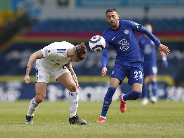 Leeds United's Kalvin Phillips in action with Chelsea's Hakim Ziyech in the Premier League on March 13, 2021