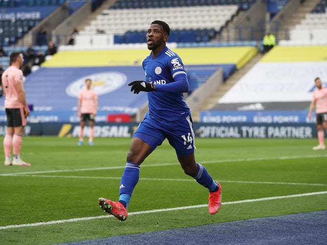 Leicester City's Kelechi Iheanacho celebrates scoring against Sheffield United in the Premier League on March 14, 2021