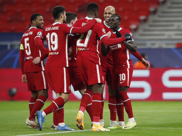 Liverpool's Sadio Mane celebrates scoring against RB Leipzig in the Champions League on March 10, 2021